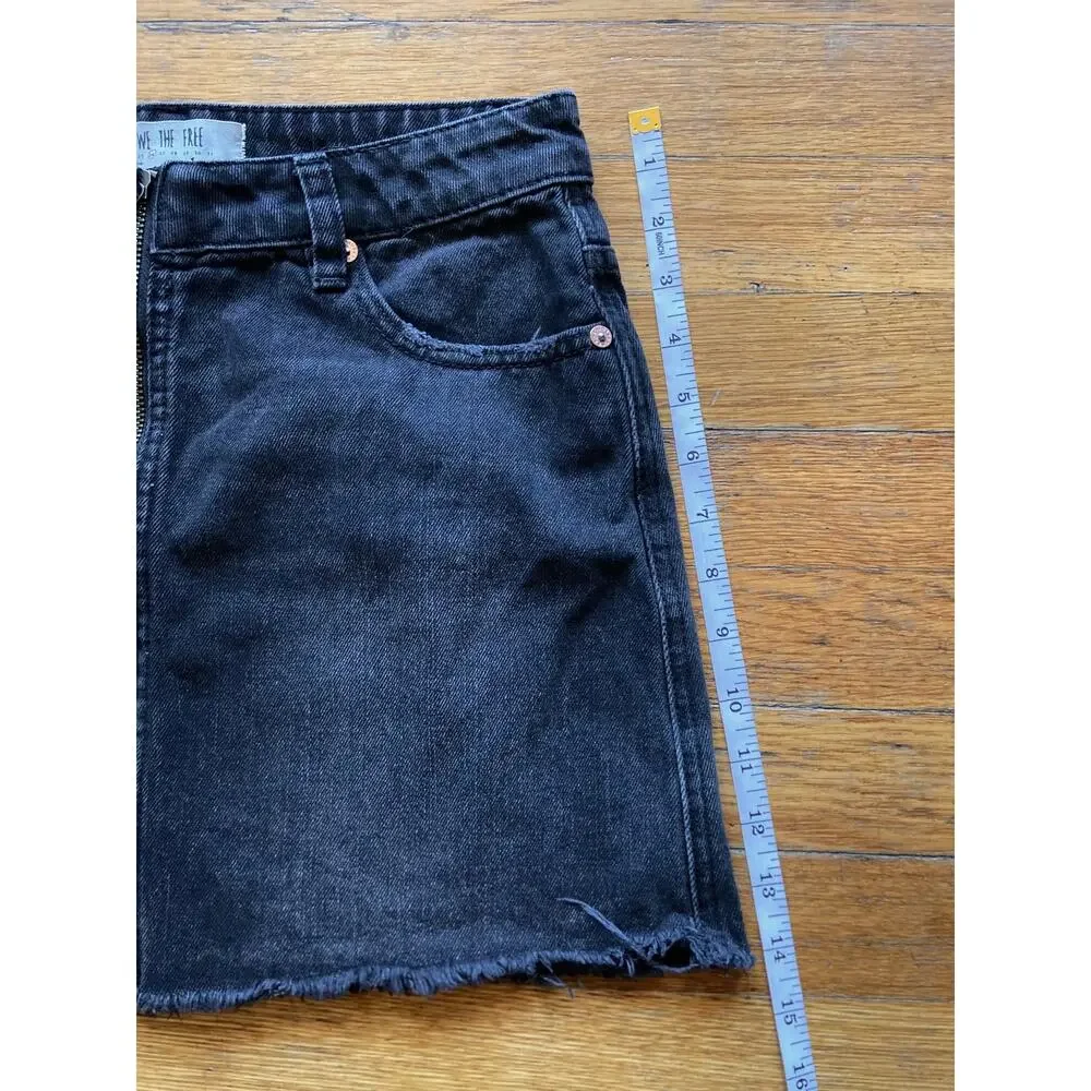 FREE PEOPLE Black Distressed Full Zip Denim Skirt sz 26